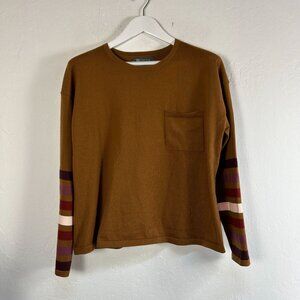 Title Nine Womens Striped Sleeve Crew Neck Top Large Brown Stretch Pocket Casual